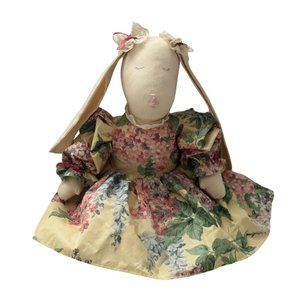 Vintage Handmade Easter Bunny Rabbit Rag Doll Floppy Ears in Yellow Floral Dress